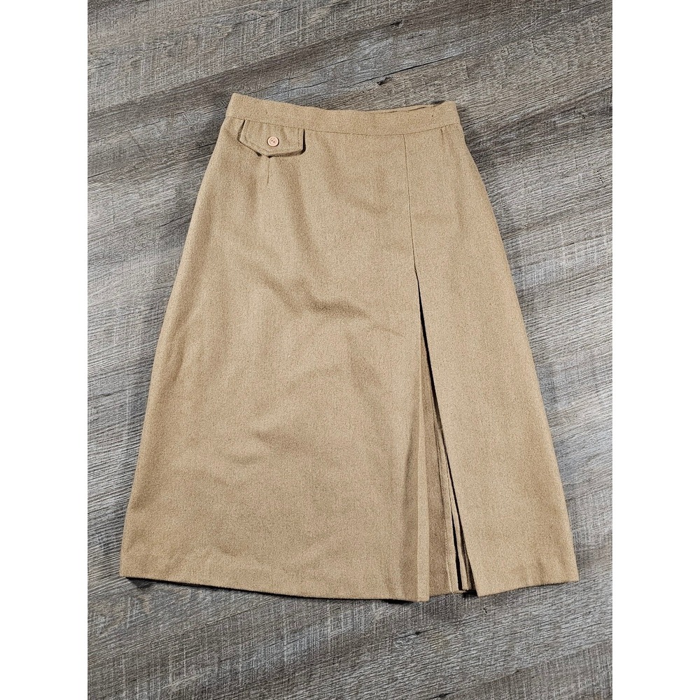 Vintage ILGWU Union Made Camel Wool Blend A-Line Midi Skirt Pleated Tan Sz 9/10